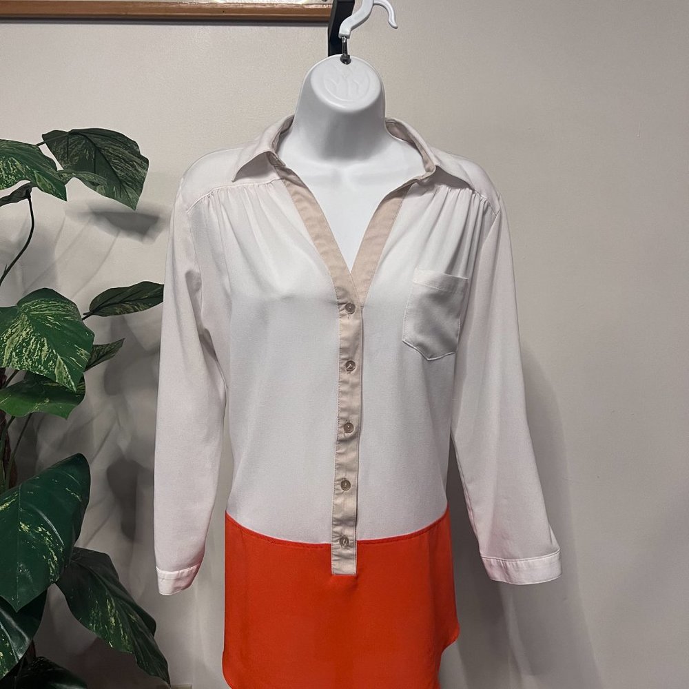 White and Orange Color Block IZ Byer Sheer Shirt Size Large